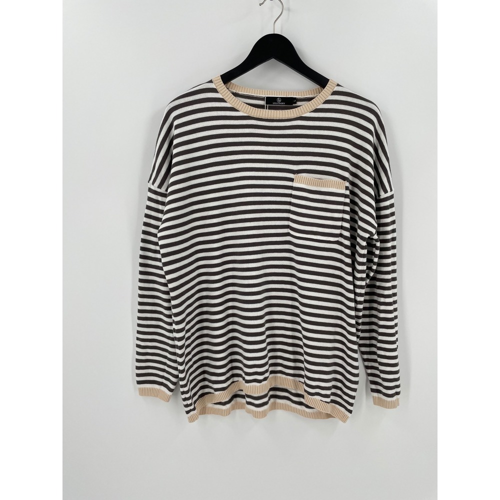 LILLUSORY 100% Cotton Striped Knit Sweater L‎ Taupe Ivory Pocket NWT